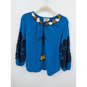 Figue Embroidered Tassel Blouse Womens XS Blue Pom Pom Balloon Sleeve Cotton